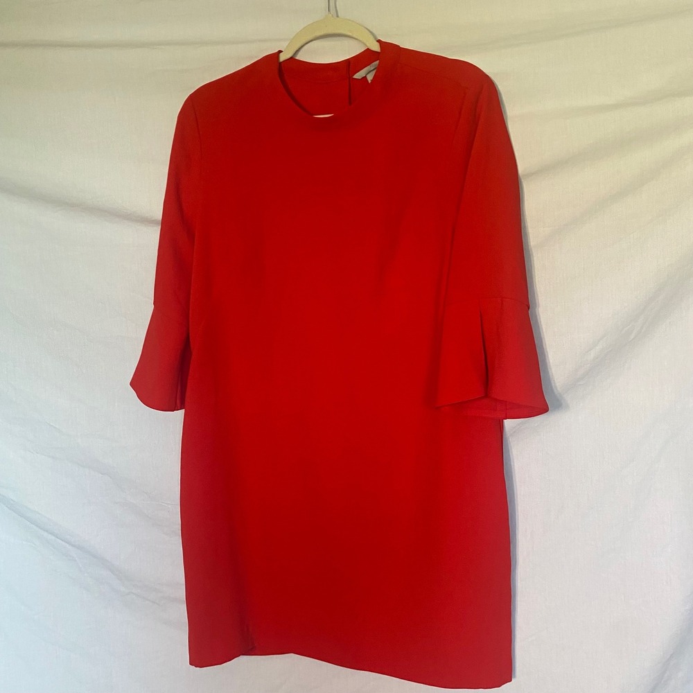 HM Red Shift Dress Elbow Bell Sleeve Pleated Cuff Jewel Neck Size 12 NEW 0534255